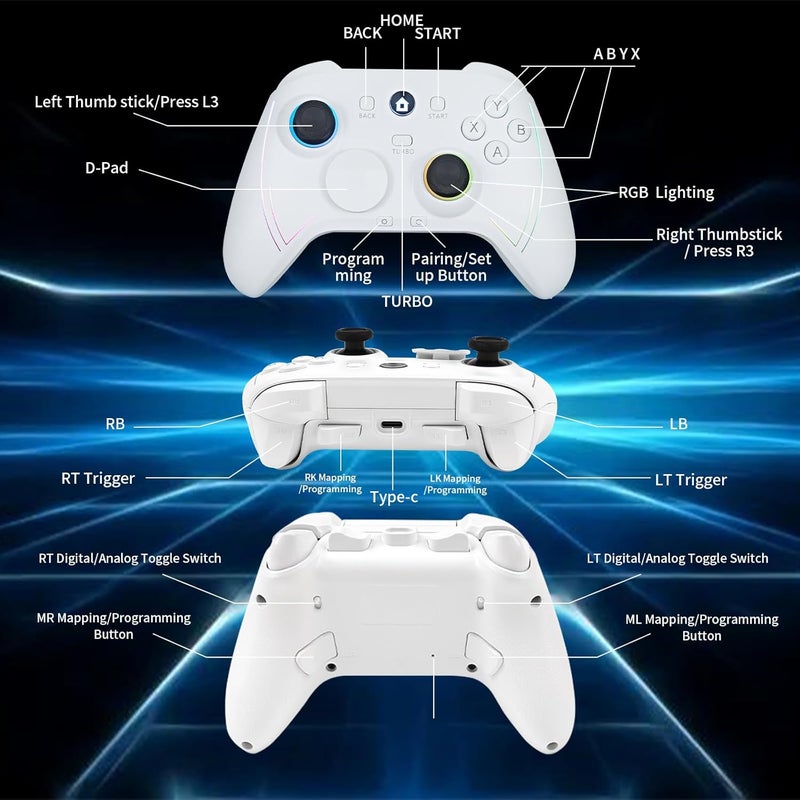 ROTOMOON HD151-S Wireless Game Controller with 7 Colors LED Lighting Compatible with Xbox One S/X, Xbox Series S/X, with 2.4G Wireless Adapter, 3.5mm Audio Jack Gaming Gamepad, Turbo/Programmable - Image 4
